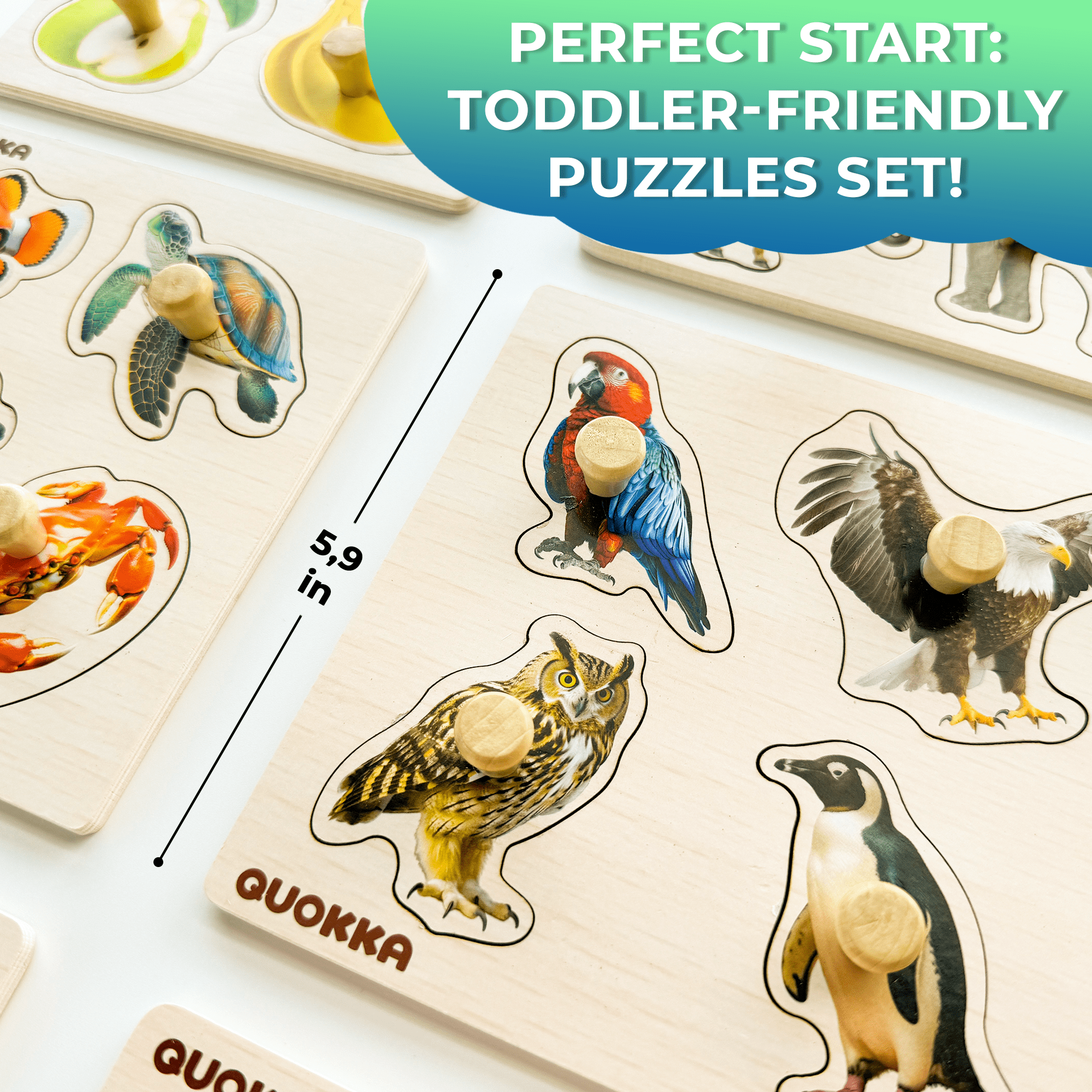 QUOKKA 6 Set Realistic Wooden Puzzles for Toddlers | Animal & Fruits