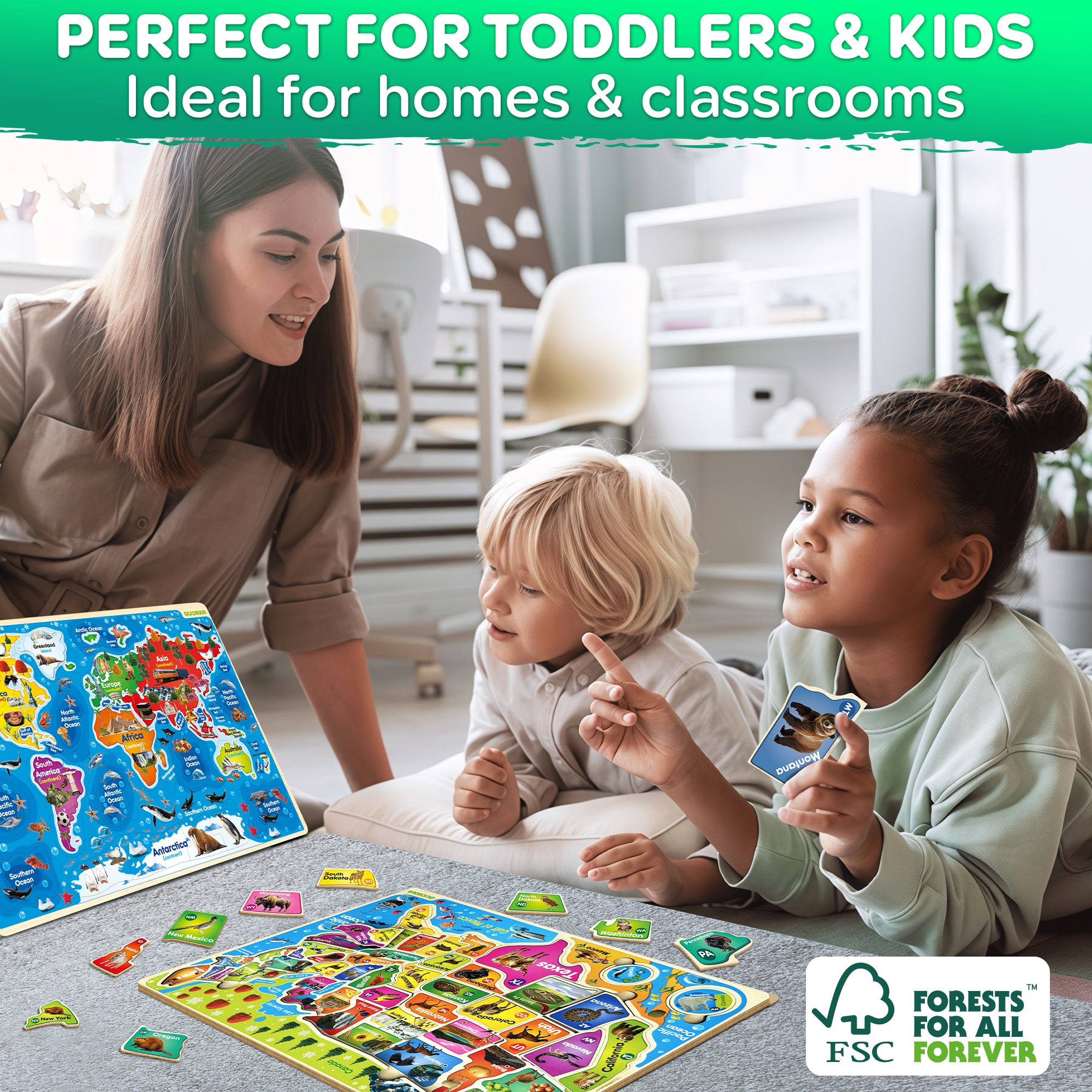 QUOKKA Wooden Puzzles for Kids - Realistic USA and World Map