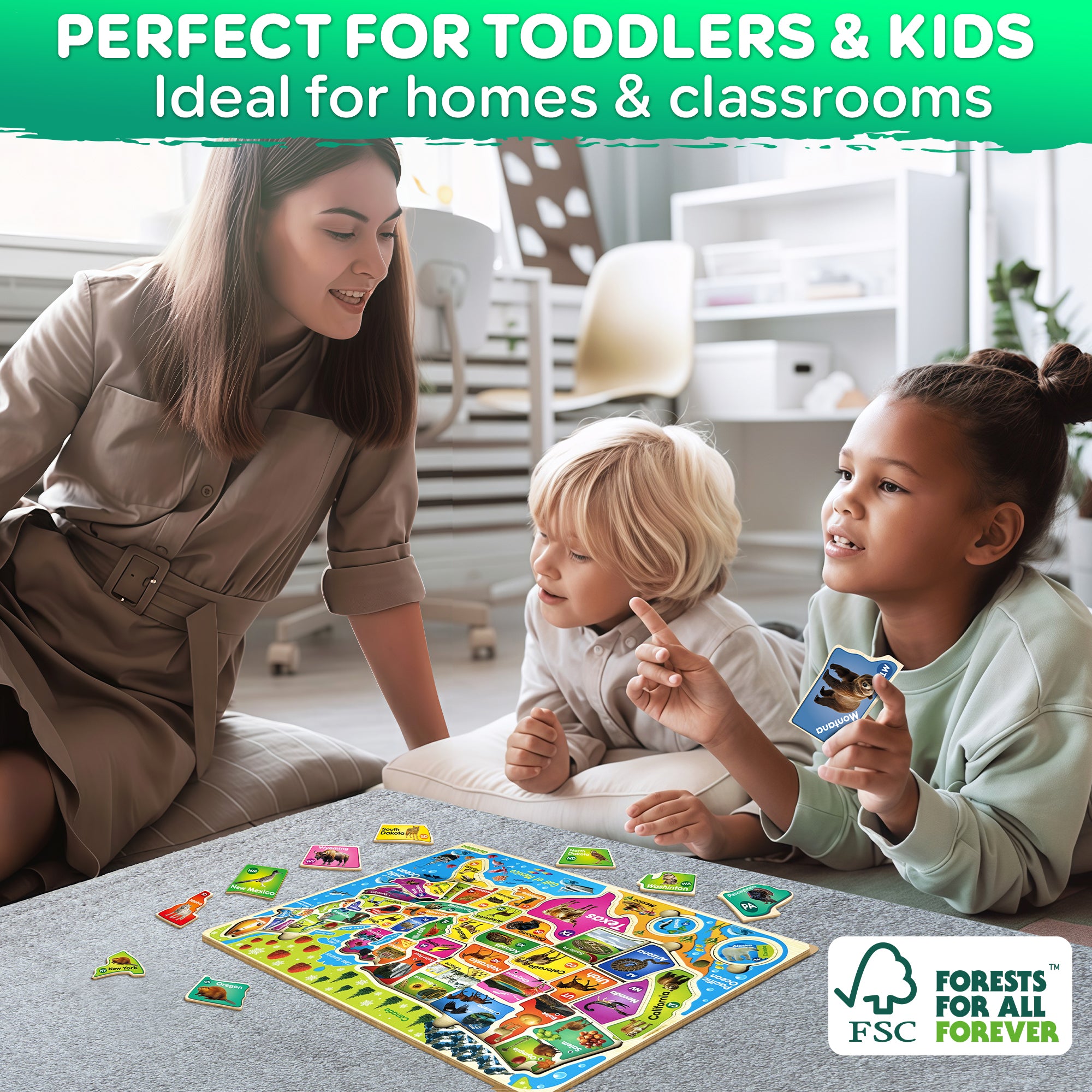 Wooden Puzzles for Kids - Realistic USA Map