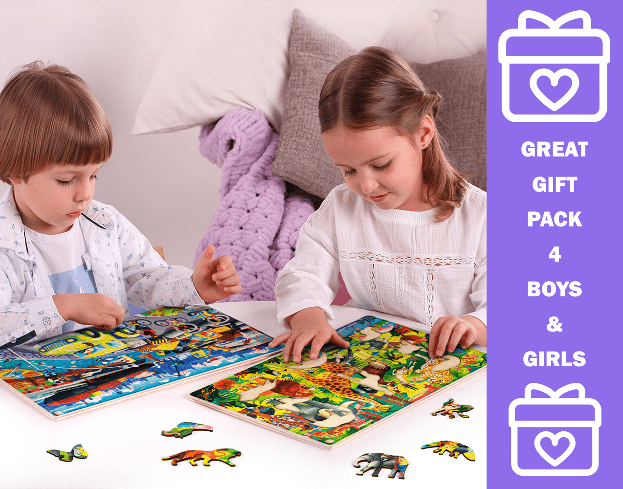60 Piece Set of 4 Jigsaw Puzzles | Birds & Wild Animas