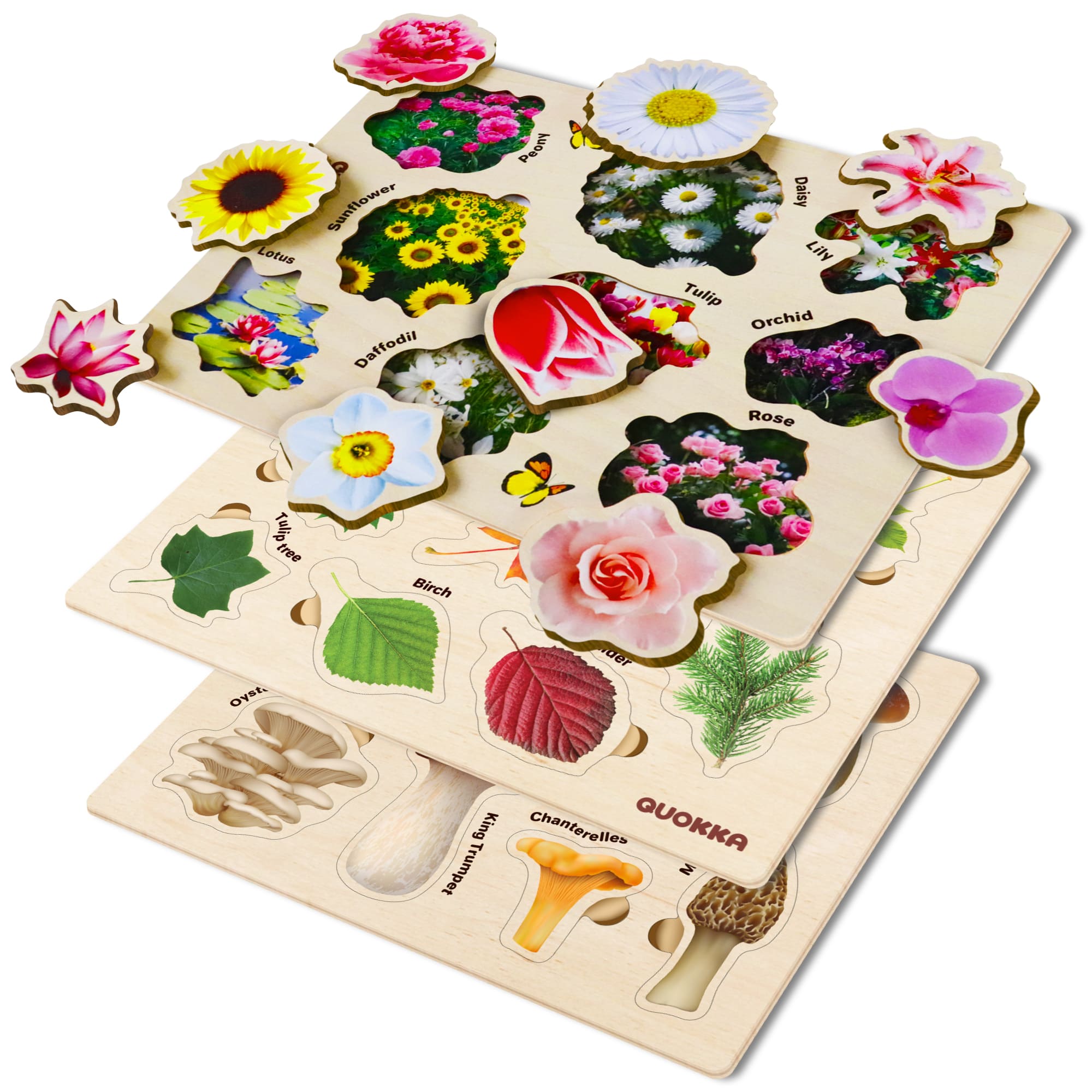 Wooden Puzzles Set for Toddlers | Mushrooms Flowers Leaves - QUOKKA