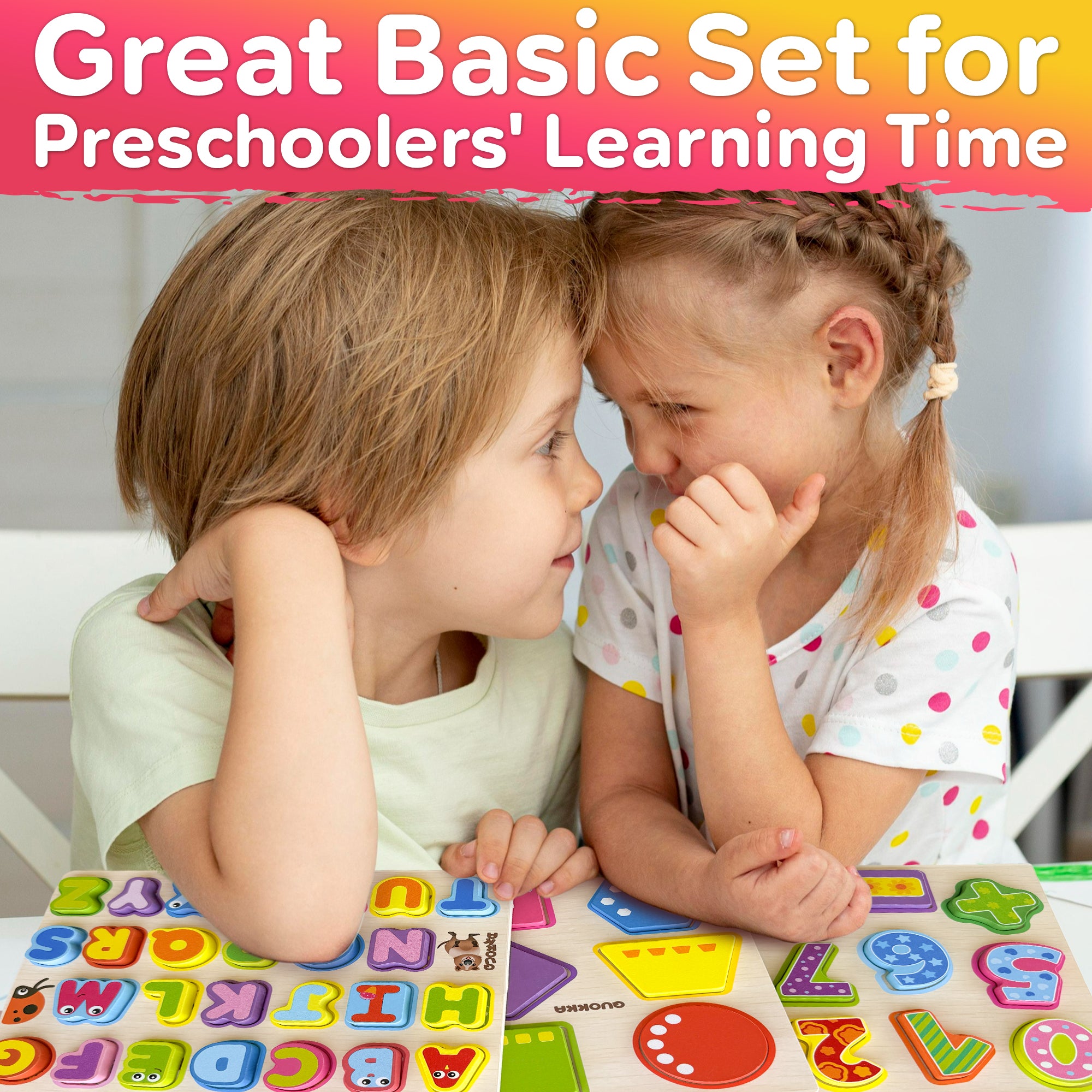 3 Set Chunky Wooden Puzzles for Toddlers | Alphabet, Numbers & Geometric Forms