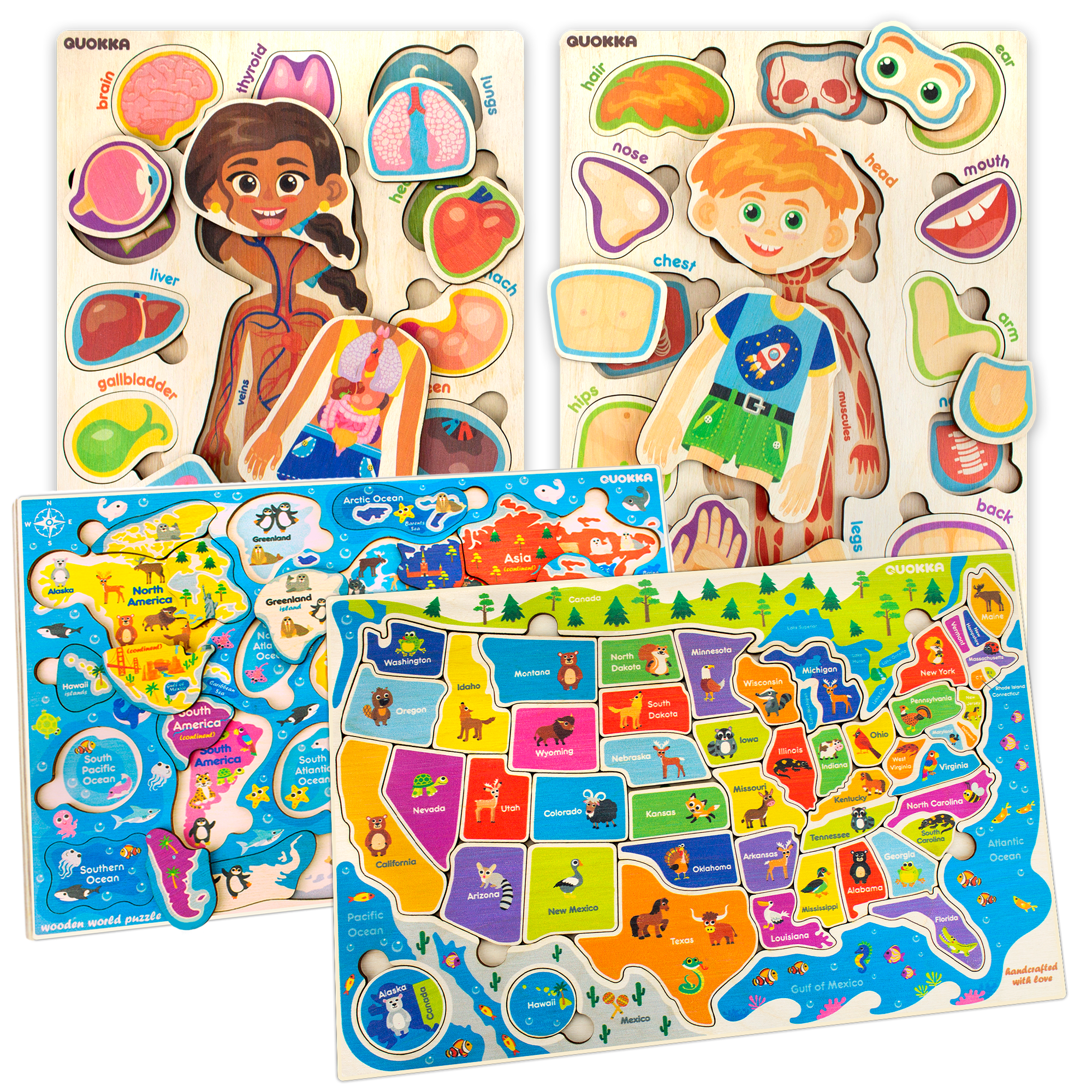 Multipack of 5 Kids Puzzles for Boys and Girls - USA & World Map | Body Parts & Human Anatomy