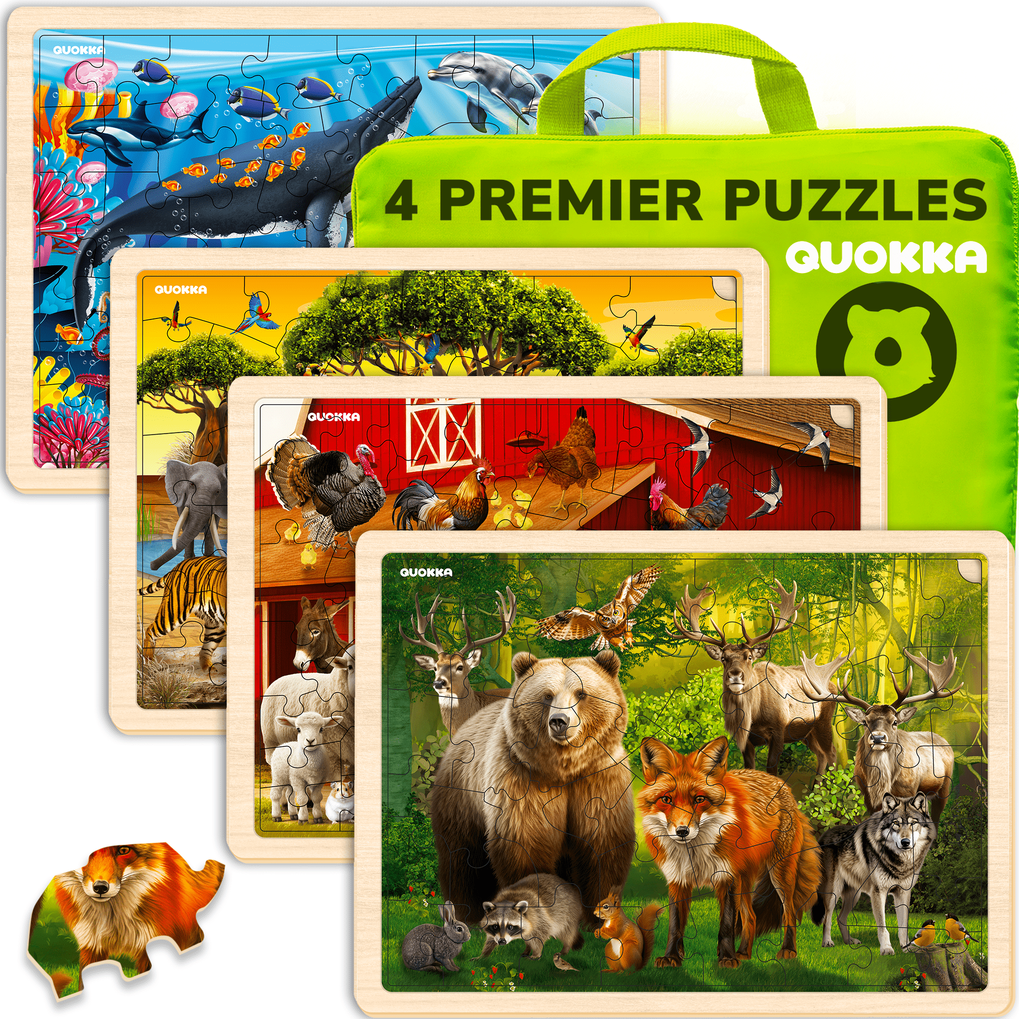 QUOKKA 4 Set 48 Piece Jigsaw Wooden Puzzles for Kids | Wild Animals, Africa, Ocean & Farm