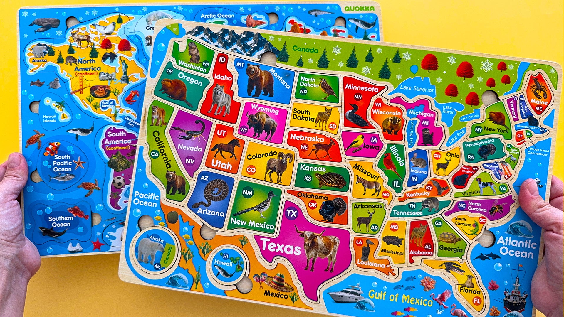QUOKKA Wooden Puzzles for Kids - Realistic USA and World Map
