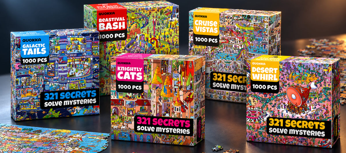 Wide photo of puzzle pieces scattered across a table