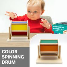 Load image into Gallery viewer, Montessori Toys | Rainbow Spinning Drum | Sorting Cube | Discs on Dowel
